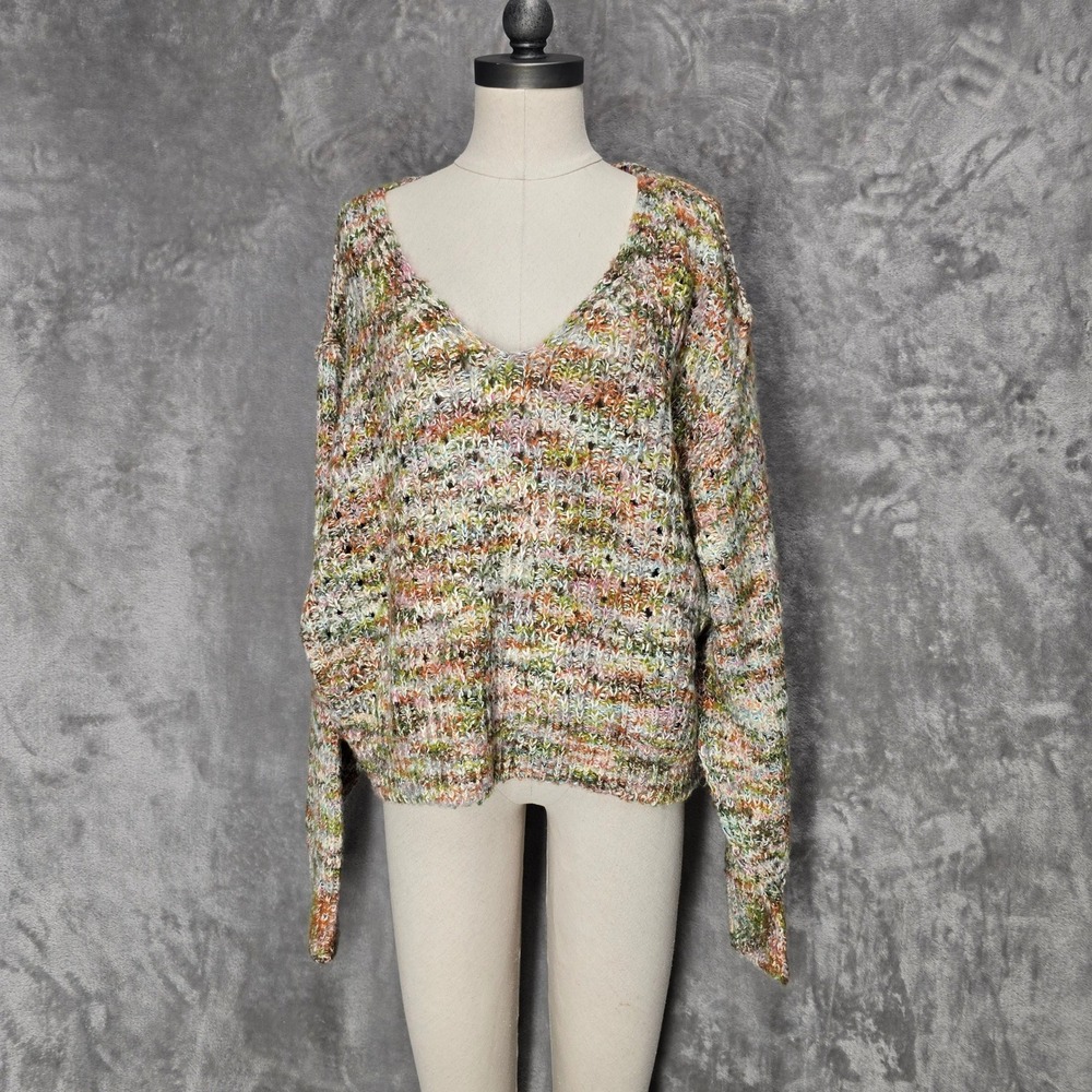 Free People Sweater Women S Multicolor V-Neck Oversized Chunky Knit Boho Earthy - Picture 2 of 16